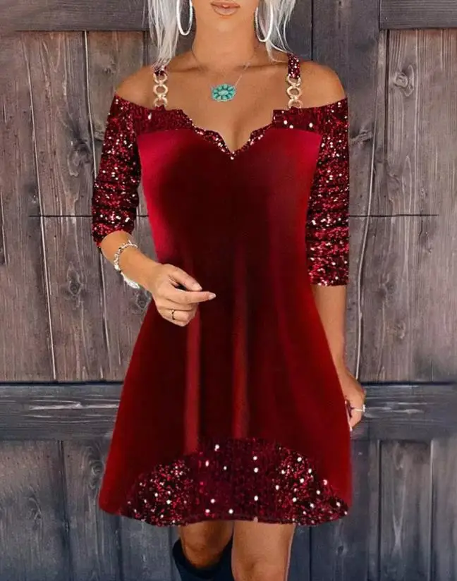 

Sweet Girl Luxurious Sequin Cold Shoulder Velvet Dress Temperament Commuting Contrast Casual A Line Mini Party Dresses for Women