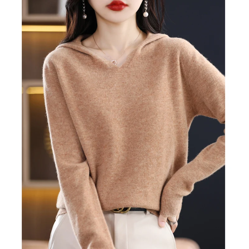 

100% merino cashmere sweater women's sweater V-neck long sleeve solid color long autumn and winter fashion hoodie top women