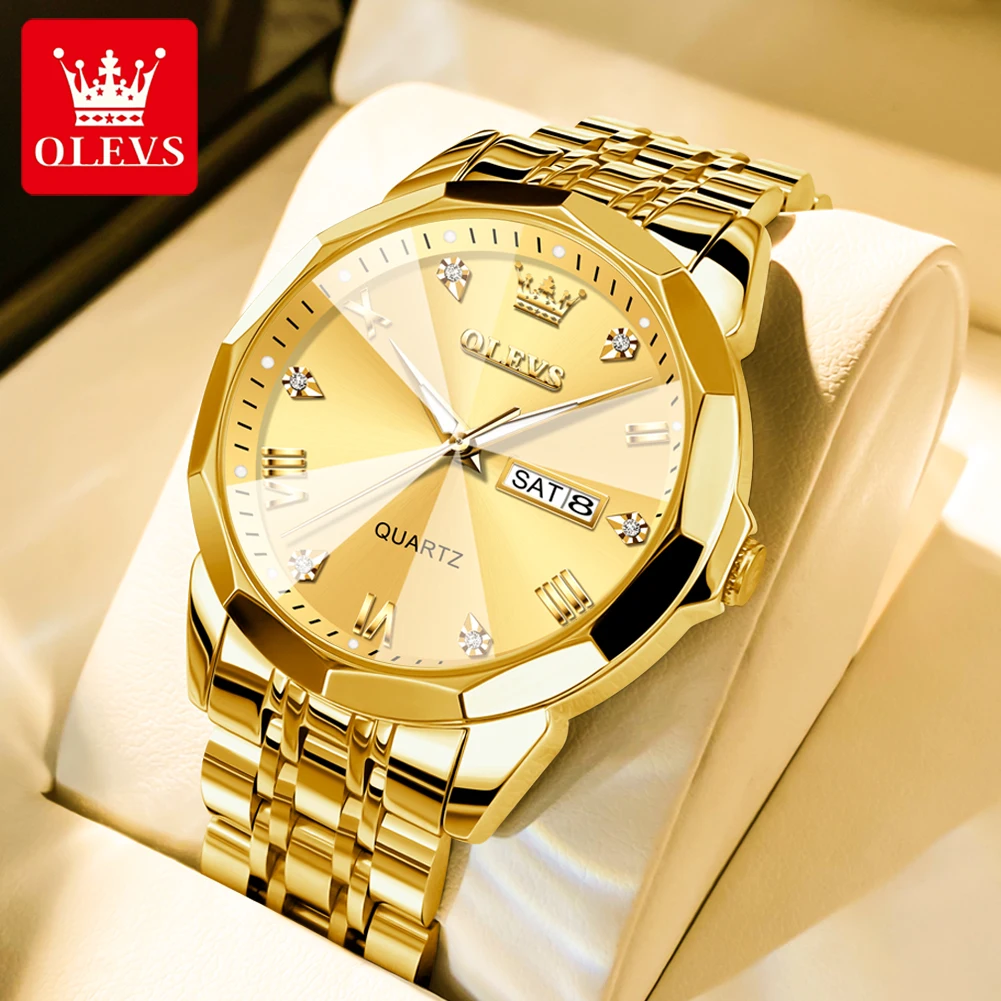OLEVS Men's Rhombus Mirror Quartz Watch - Waterproof, Luminous Stainless Steel Wristwatch with Date and Week Display