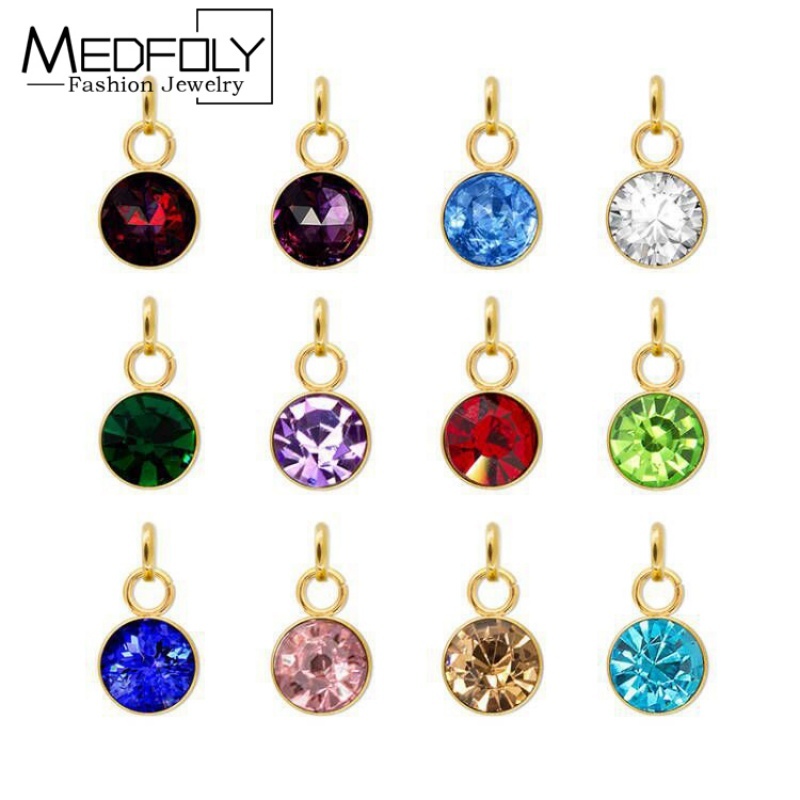 MEDFOLY 6mm 12 Birthstone for Bracelet Necklace Jewelry 14K Gold Plated Small Round Cubic Zirconia Charm Pendant Jewelry Making