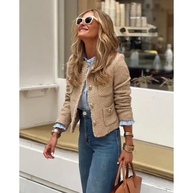 Chaqueta de Tweed para mujer, Blazer corto con botones de Metal, manga  larga, bolsillos, Tops cortos, ropa de calle, chaquetas de oficina, prendas  de vestir exteriores, otoño - AliExpress