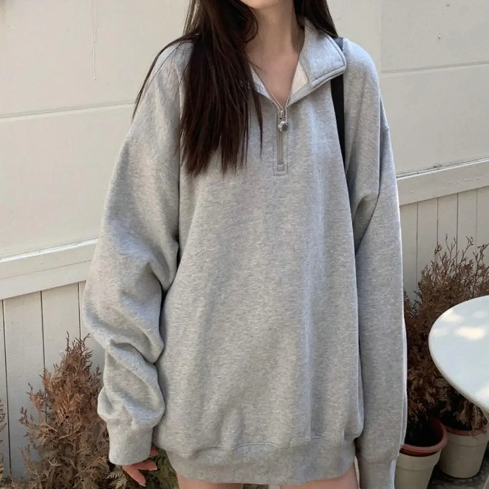 

Trendy Thick Sweatshirt Blouse Turn-Down Collar Korean Style Oversized Solid Color Autumn Sweatshirt Blouse Warm