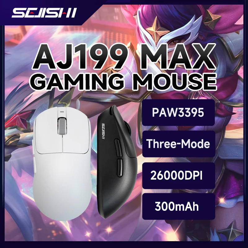 SEJISHI AJ199 MAX 26000dpi PAW 3395 2.4Ghz BT5.2 Wireless Mouse 3-Mode Optical Micewith USB Receiver Gamer 6 ButtonsMouse For PC