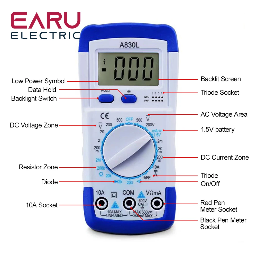 A830L LCD Digital Multimeter DC AC Voltage Diode Freguency Volt Tester Test Current Voltmeter Ammeter Meter Gauge Display Tool 3
