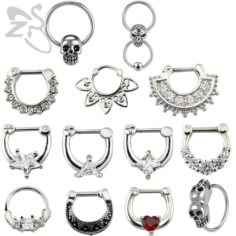 ZS 1PC 16g 316L Stainless Steel Septum Nose Hoop Rings Cubic Zircon Skull Clicker for Women Body Piercing Jewelry |