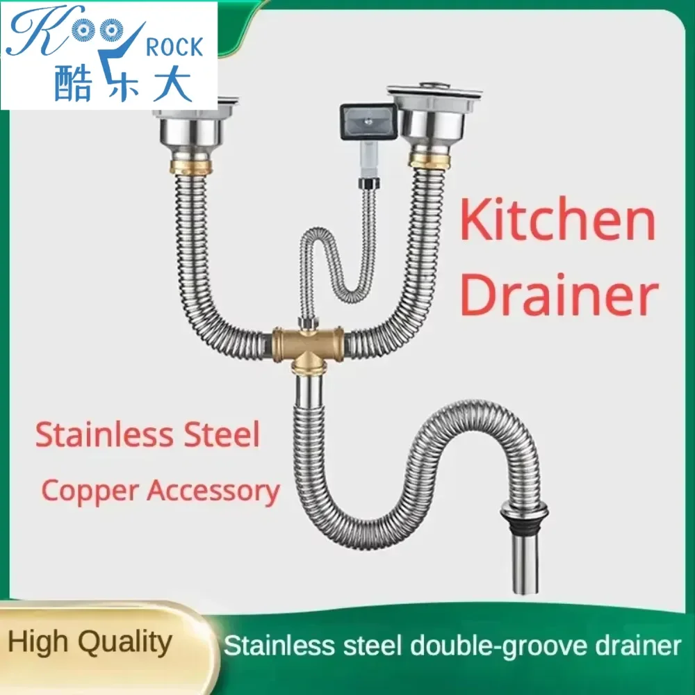 Stainless Steel Double Bowl Kitchen Sink Drain with Anti-Odor Pipe Copper Fittings and Sealing Ring Complete Drainage Kit