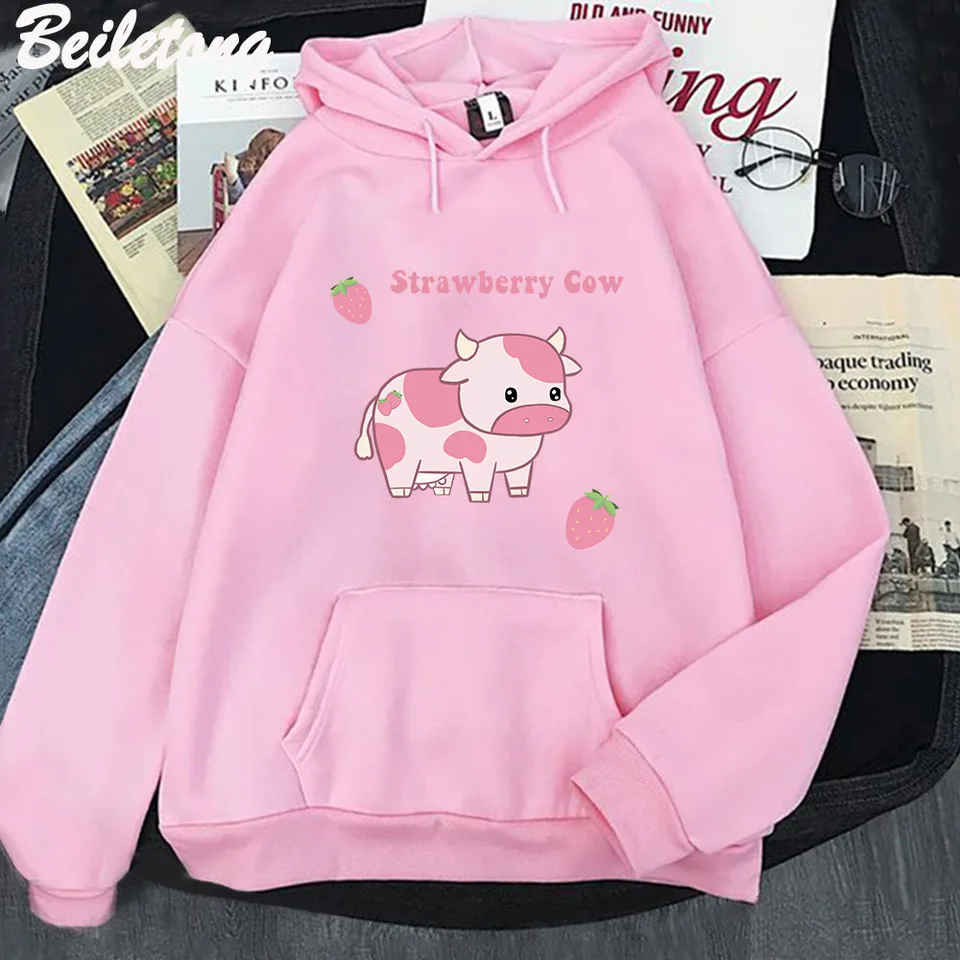 Women's Kawaii Strawberry Cow Hoodie - Cute Graphic Fuzzy Pullover Sweatshirt, Blue, Size XXL (US L) - View #11