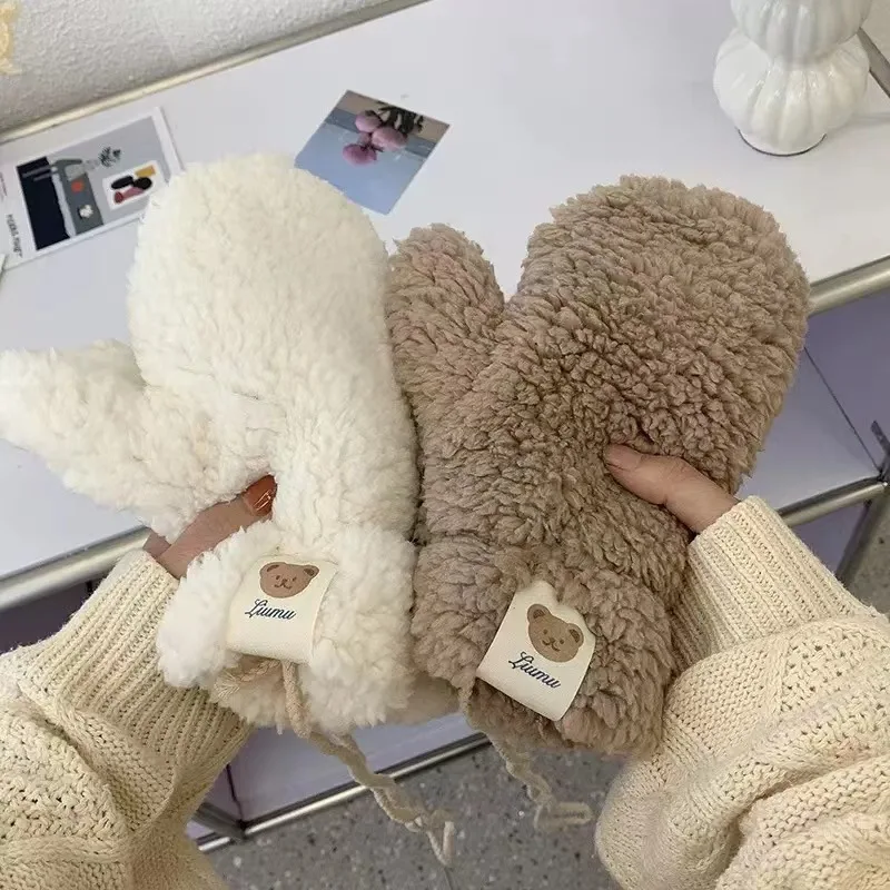 Winter lamb fleece Bear label gloves women's neck Cute student winter riding with fleece thickened warm and windproof female gloves cute bow lamb fleece gloves girsl student outdoor windproof thickened winter warm plush riding ski gloves