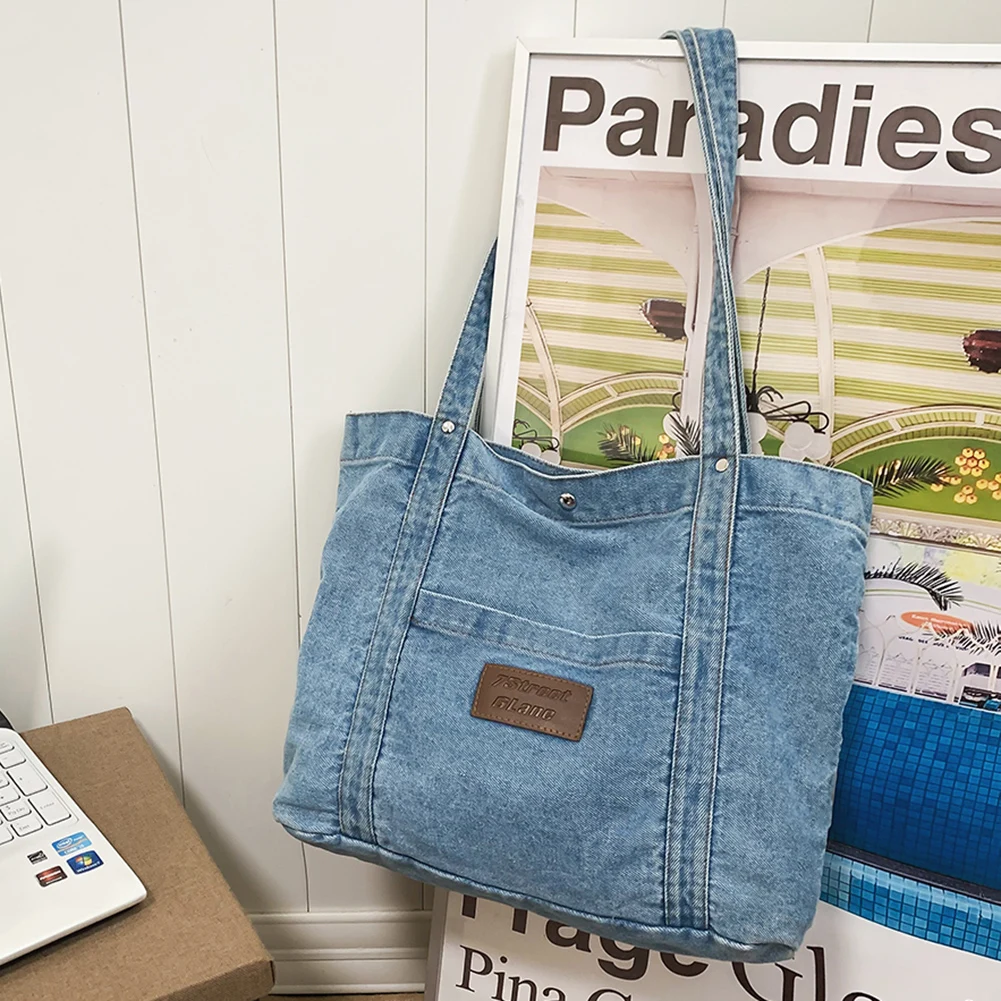 Women Square Grocery Bag Large Capacity Denim Versatile Shopping Bag Solid Color Female Daily Commute Bag