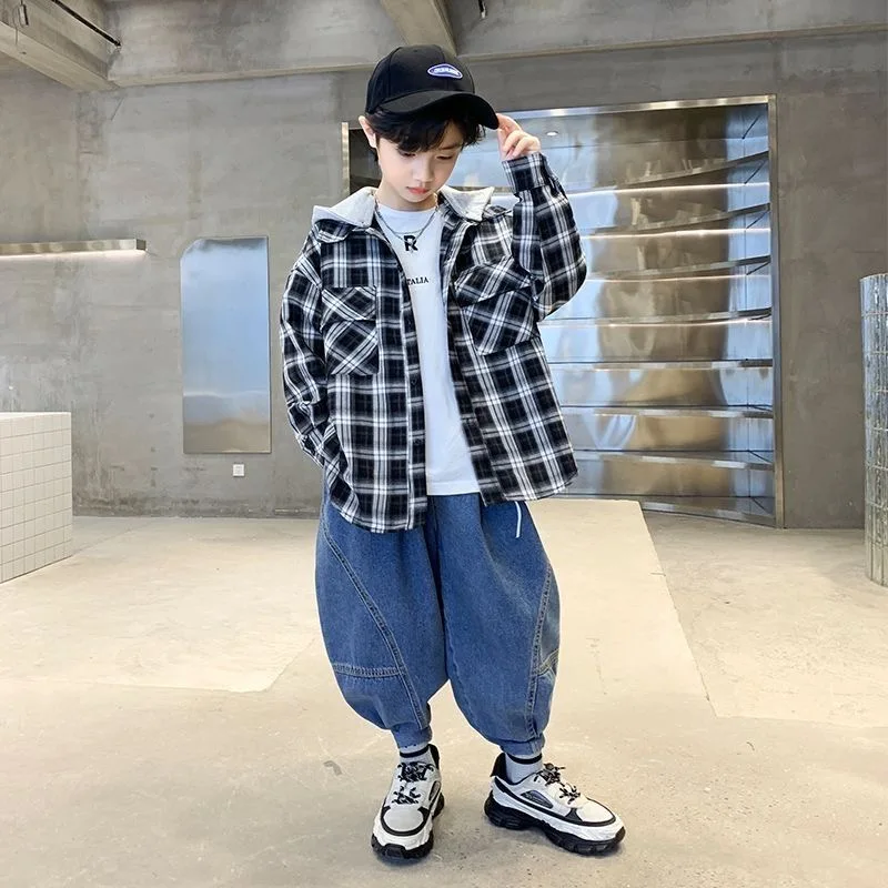 110-170cm Fashion Boys Shirts Long Sleeve School Blouse Loose Boys Cardigan Plaid Shirt For Children Tops Autumn Clothes