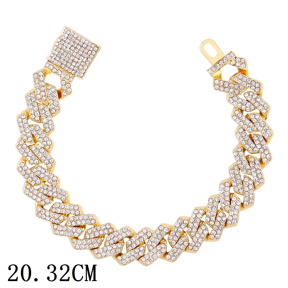 New Fashion Luxury 12mm Iced Out Cuban Link Chain Bracelet for Women Men Gold Silver Color Bling Rhinestone Bracelet Jewelry 
