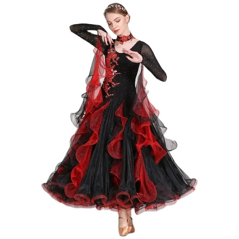 Embroidery V Neck Rhinestones Woman Ballroom Dance Competition Dress Foxtort Dance Costumes Ball Gown Prom Dress