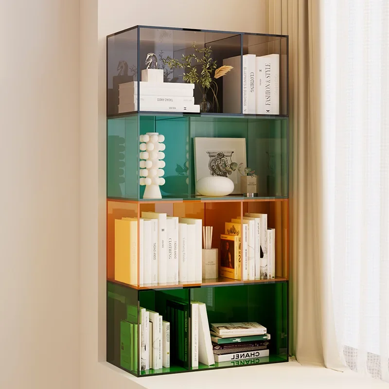 Acrylic Bookshelf Cabinet Bedroom Transparent Storage Shelf Bookshelf Living Room Floor Cabinet Light Luxury Bay Window Bookcase