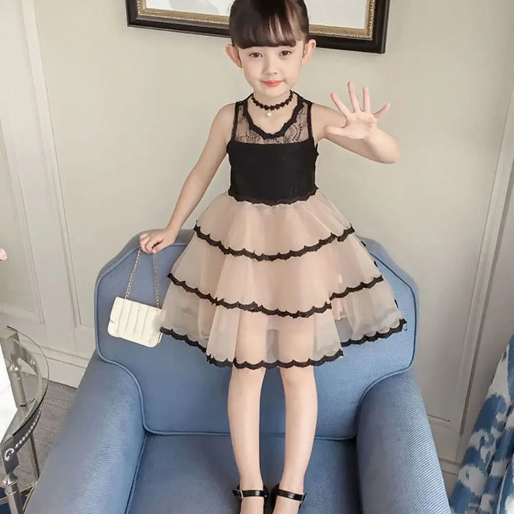 Elegant Sleeveless Girls Princess Dress Loose Teens Summer Lace Dress Sweet Party Children Mesh Dress Holiday