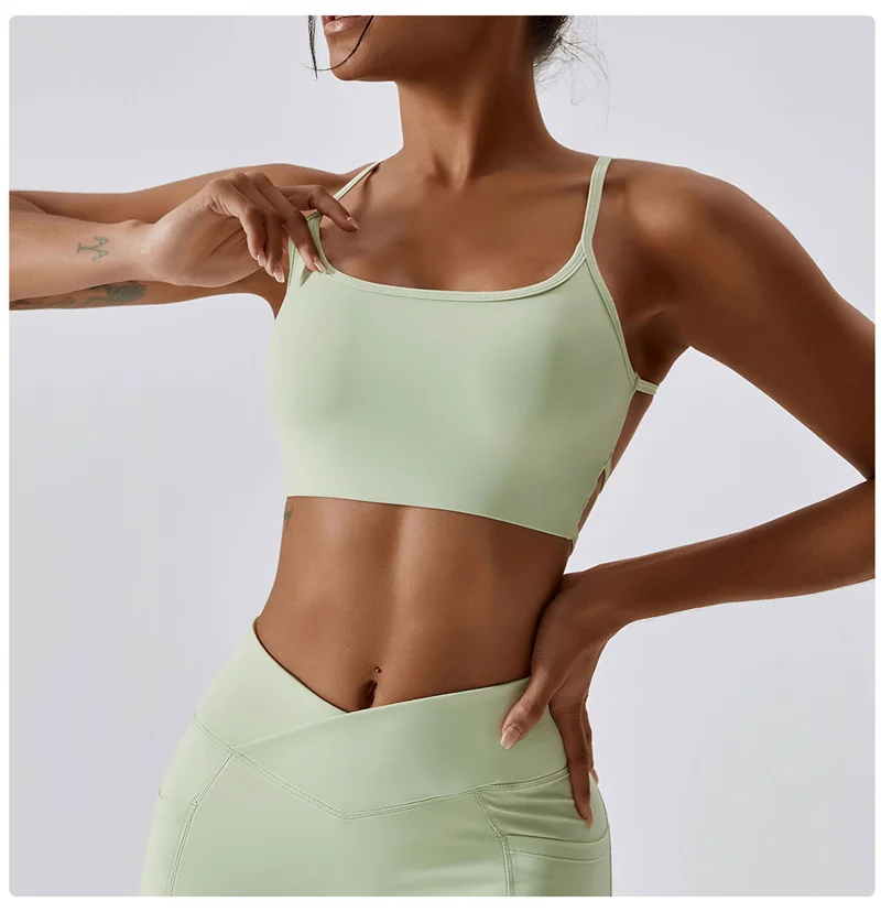 Solid Color Women Sport Bra Comprehensive Training Underwear Fitnes Top Gym Chest Pad Cross Back Spaghetti Shoulder Strap Cutout