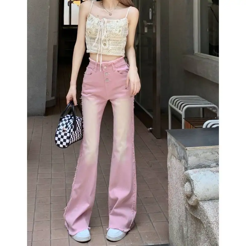 Summer Pink Chic Ripped Jeans Women High Waist Multi-Button Wide Leg Pants Solid Colors Casual Commute Trousers Black Streetwear