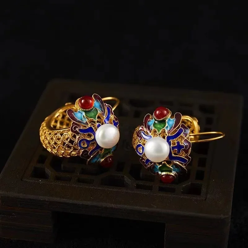 Chinoiserie Chinese Style Vintage Enamel Copper Alloy Filigree Shou Figure Earrings for Women Party Hanfu Cheongsam Wedding Gift