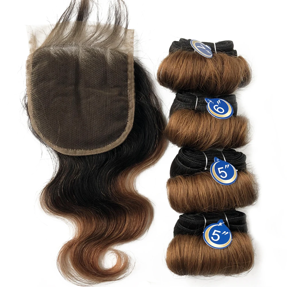 Loose Wave Bundles With Closure Short Human Hair Extension Indian Hair 4 Bundles With Closure 4*4 Lace Closure For Women 4
