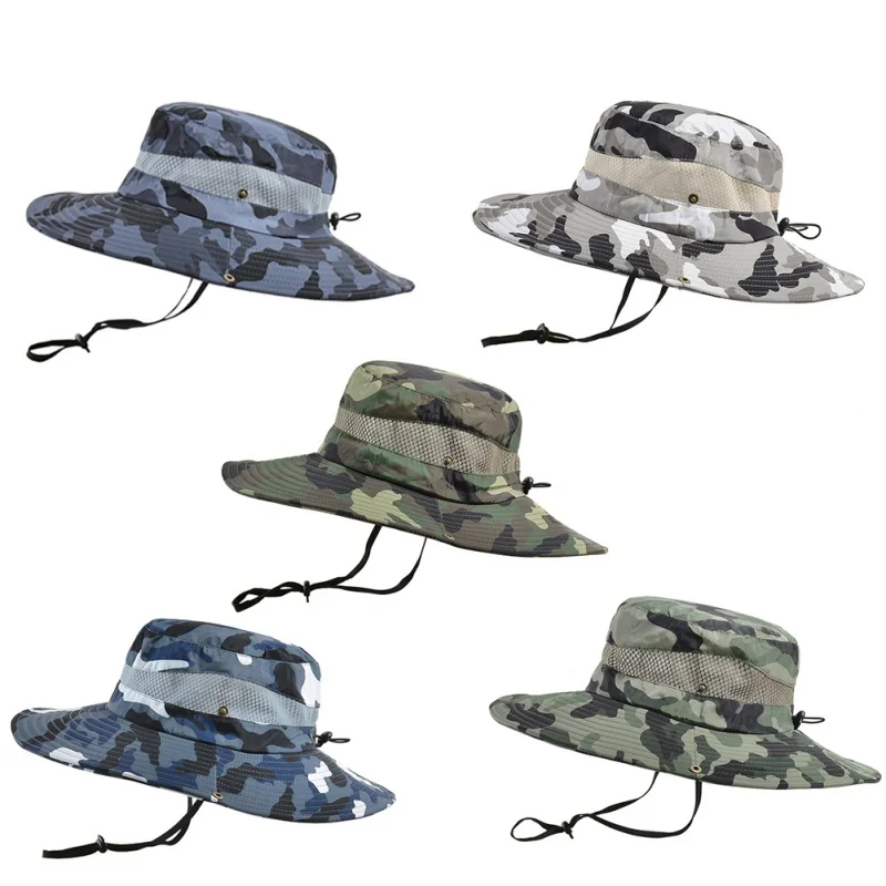 Men Bucket Hat Outdoor UV Protection Wide Brim Panama Safari Hunting Hiking Hat Mesh Fisherman Beach Sunscreen Cap
