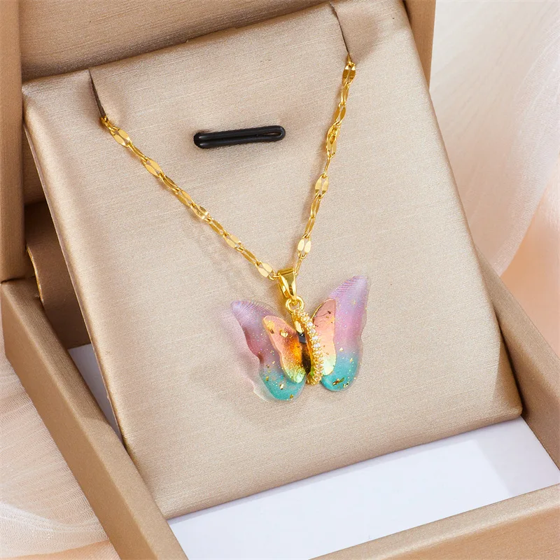 Korean Gradient Pink Blue Crystal Butterfly Pendants For Women