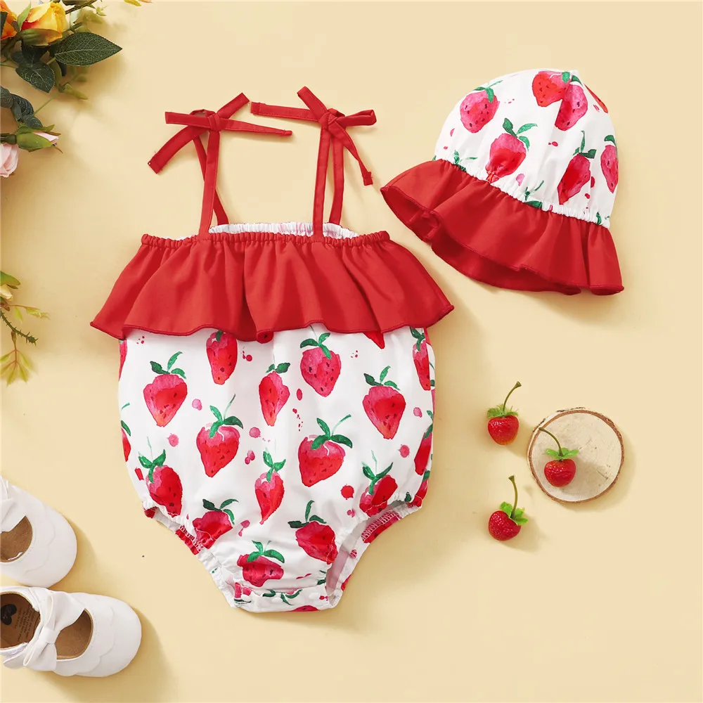 baby clothes set gift Summer Newborn Baby Girls Clothes Sets Strawberry Print Sling Romper+Western Style Cute Little Hat Children's Clothing Girls Baby Clothing Set medium Baby Clothing Set