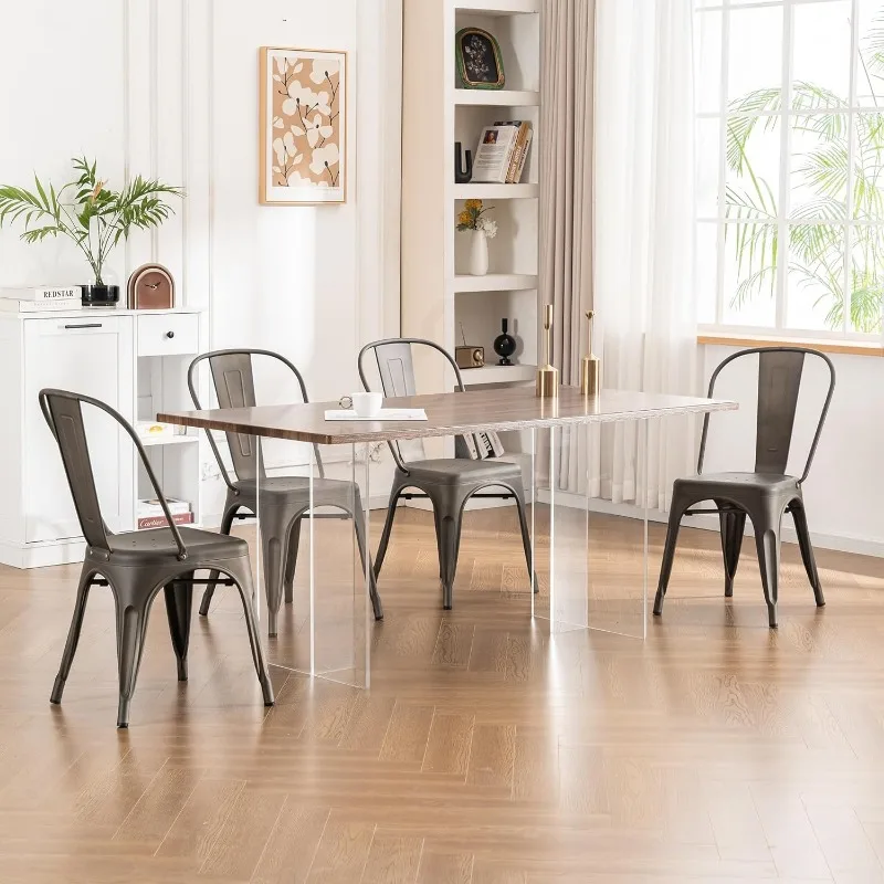 Metal Patio Dining Chair Set of 4 Dark Grey Farmhouse Tolix Style for Kitchen Dining Room Restaurant Bistro Stackable 4