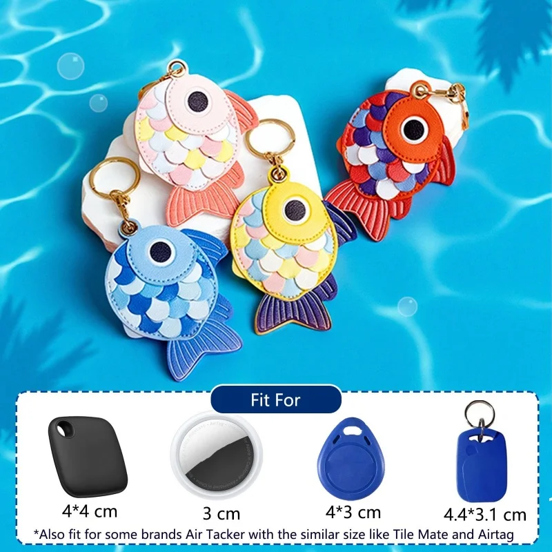 Luxurious Leather Smart Tag Holder Keychain with Key Rings and Cute Fish Design