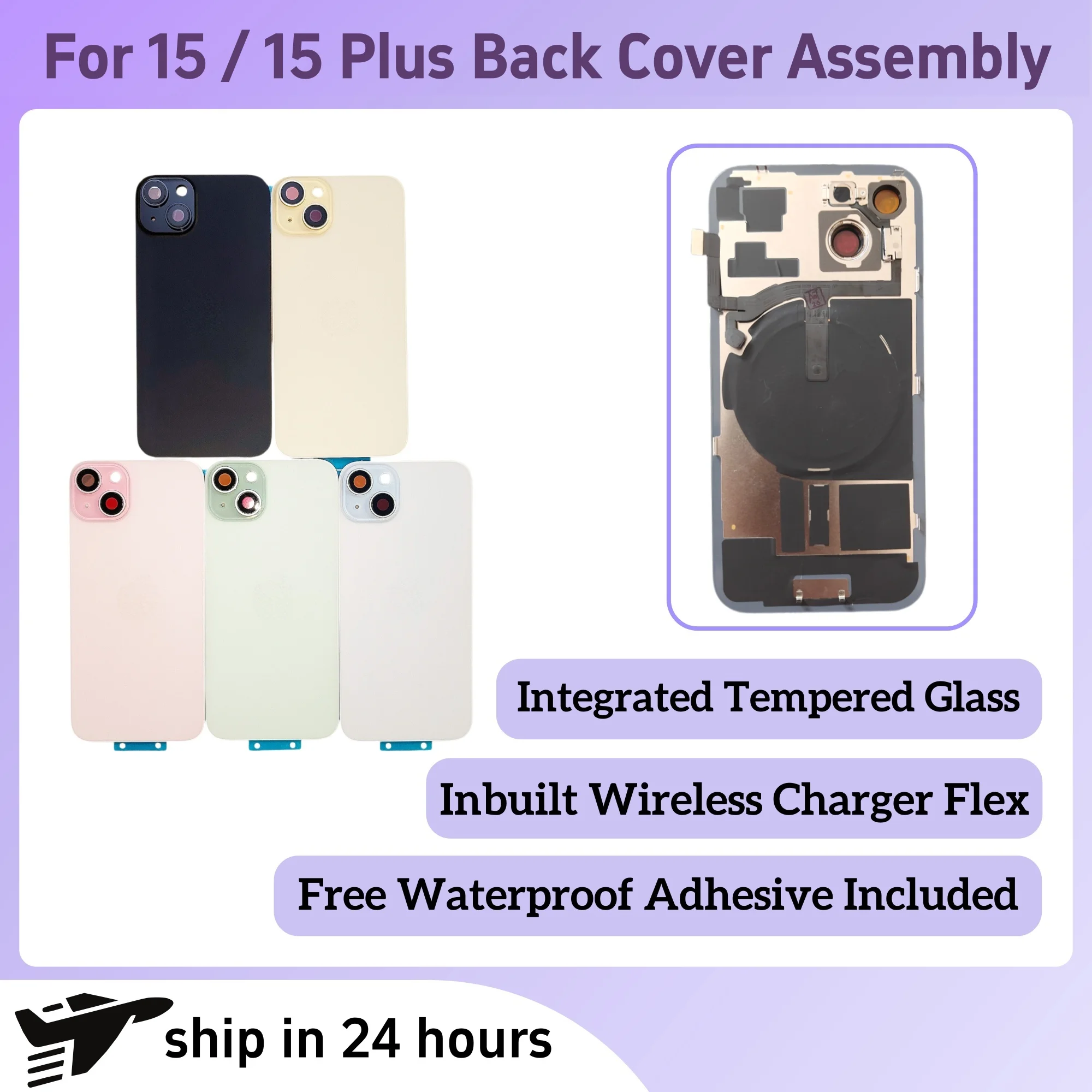 Rear Glass Replacement Kit with Wireless Charging, Camera Frame, and Waterproof Adhesive