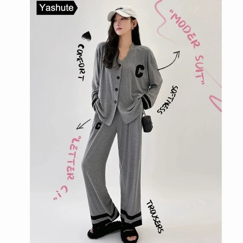 2024 King Size Slouchy Style Sleepwear Long Sleeve Pajama Women's New Fashion Homewear Thin Simple V-neck Loose Loungewear Set
