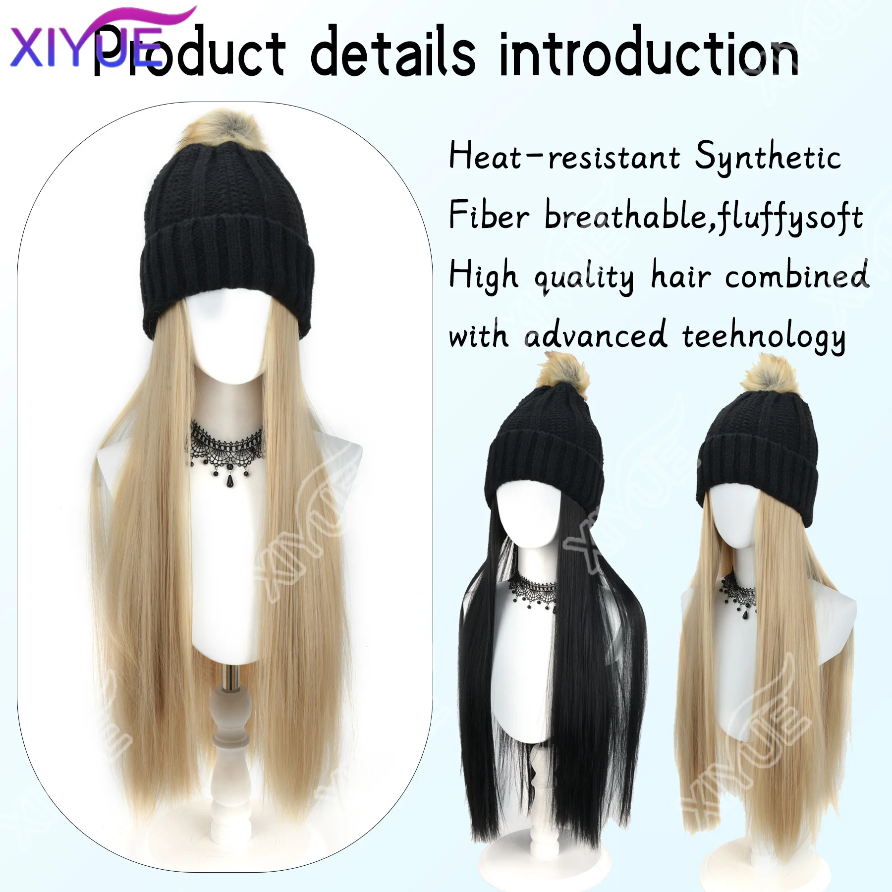 XIYUE Hat Wig Synthetic Hat Hair Extensions Wigs For Women Long Straight Hair Warm Plush Knitted Autumn Winter Cap