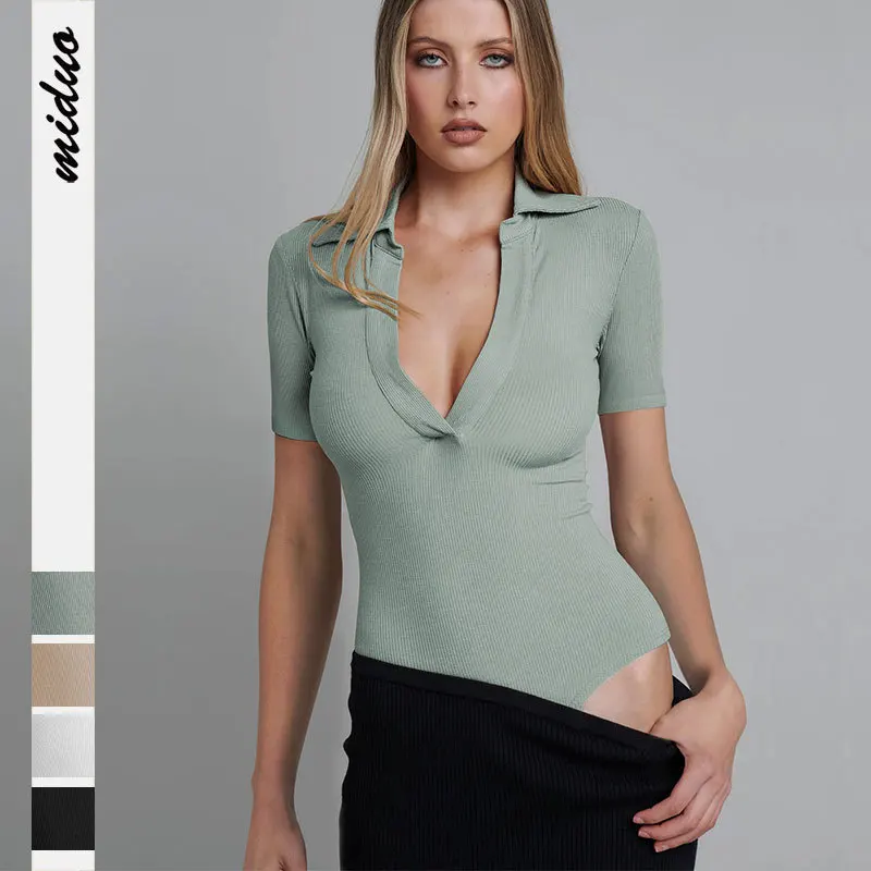 

NewWomens Summer Clothing Bodysuit Women Sexy Bodycon Bodysuits Black Short Sleeve One Piece Outfit Fashion Bodysuits Polo Shirt