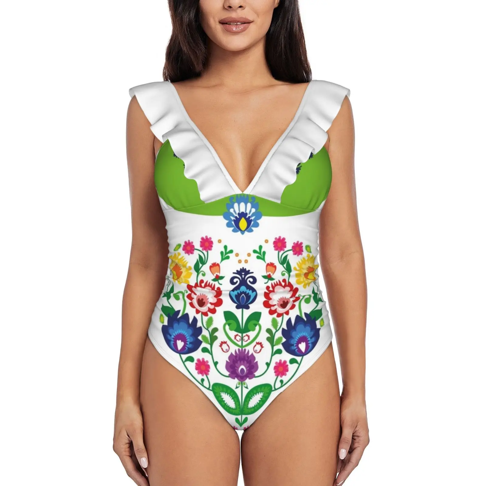 

Фольклорное сердце, красивый польский фольклорный мотив-белый слитный купальник, женские купальные костюмы с оборками, новые пляжные купальники для девушек