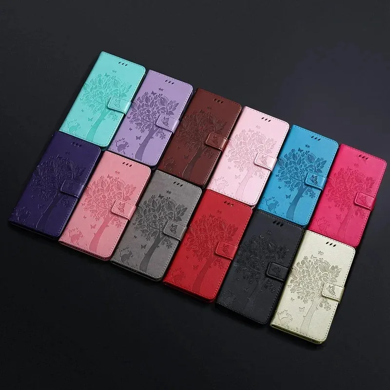 Elegant Leather Wallet Flip Case with Tree Design – Premium Mobile Protector