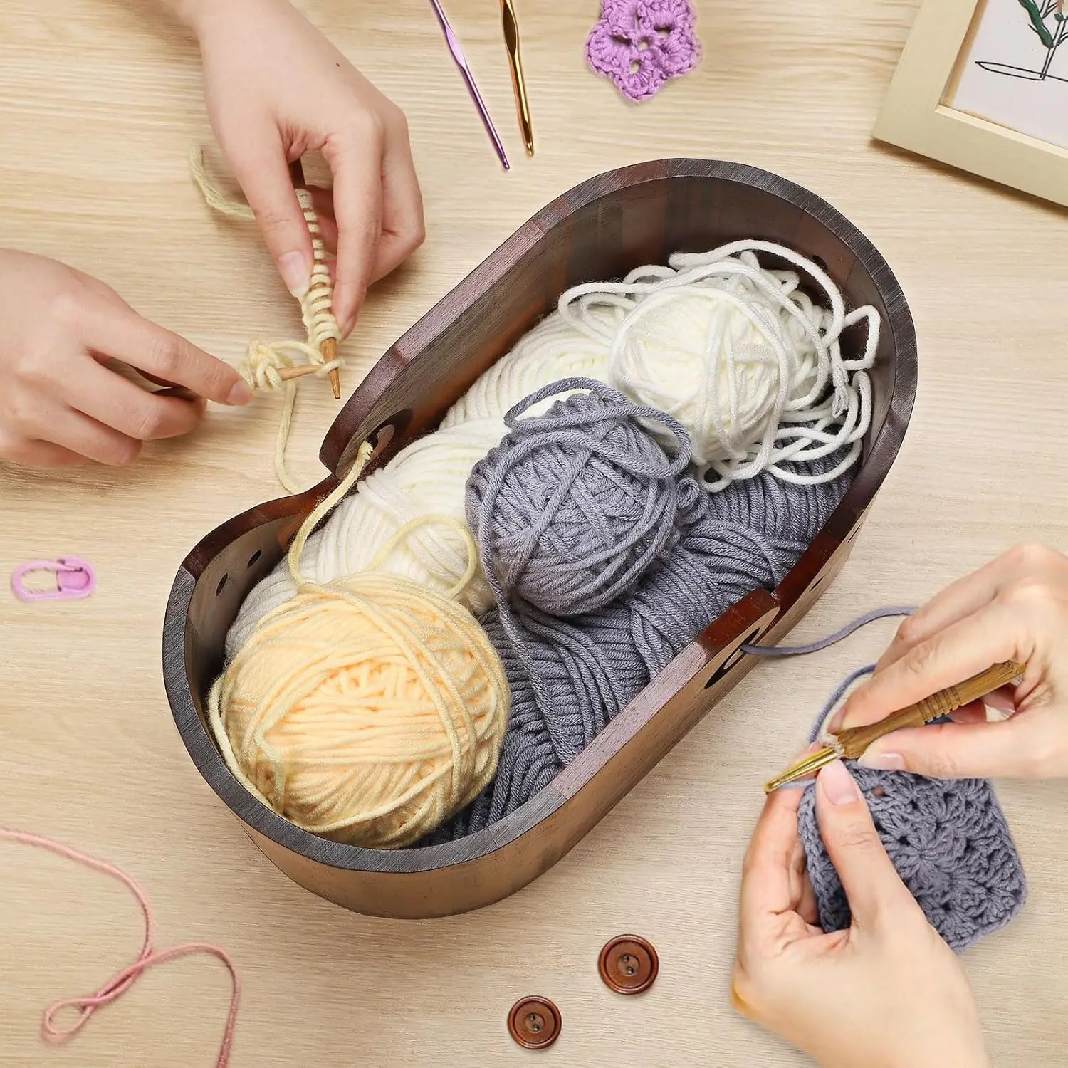 Wooden Yarn Bowl Large Size for Yarn Skeins Oval Wooden Bowl with Carved Holes Crochet Hook Rests Portable Knitting Accessories