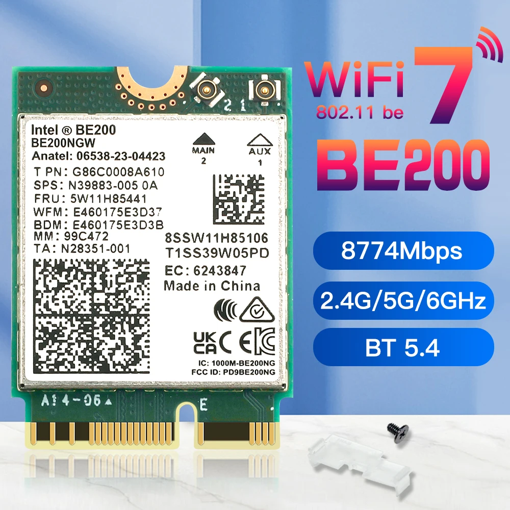 מתאם רשת אלחוטית WiFi 7 BE200 Bluetooth 5.4 Tri Band 2.4G/5G/6GHz M.2 עבור מחשב נייד Windows 11 עם אנטנות