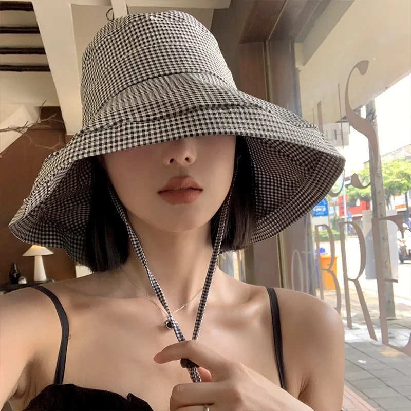 Plaid Fisherman's Hat Female Summer UV Sunscreen Hat Big Eaves Sun Hat