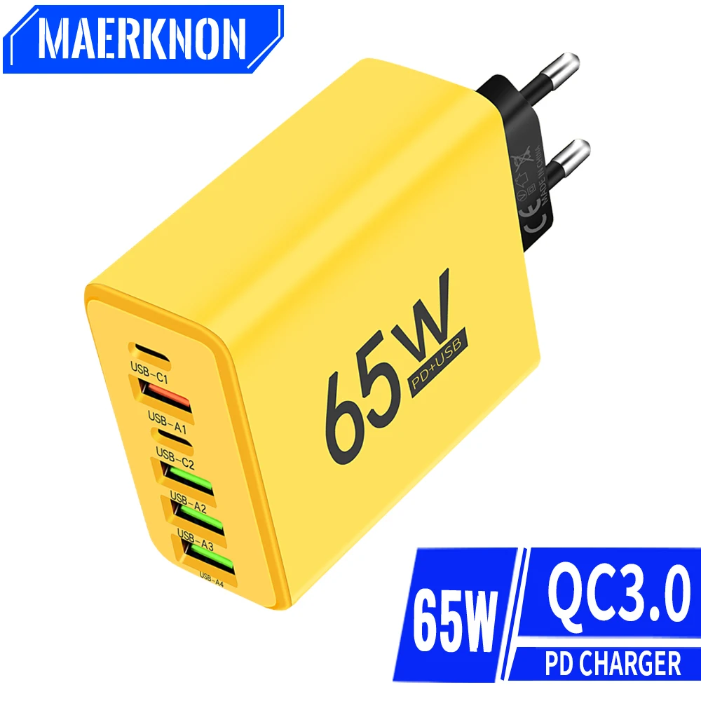 65W 6 Ports USB Power Adapter For iPhone 15 Samsung Xiaomi Huawei