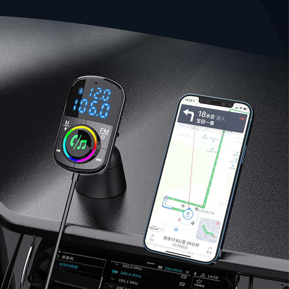 BC71 Car FM Transmitter Car Charger Bluetooth 5.0 QC 3.0 Fast Charge PD Charger MP3 Music Player Ambient Light TF Card