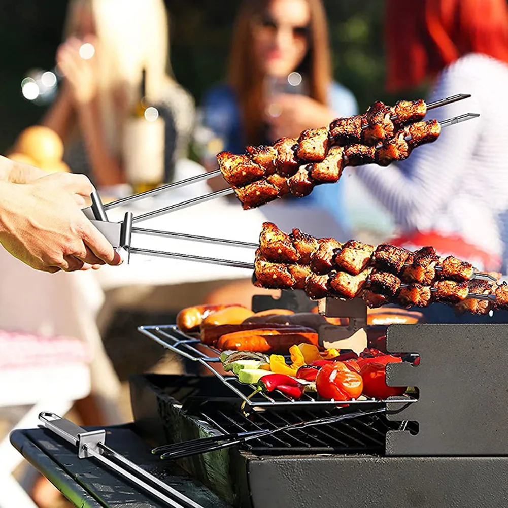 BBQ Skewers Push Bar 6 Pcs 32.5cm Long Double Pronged For Grilling Kebabs Satay Yakitori Barbecue