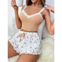 Women 2psc Pajama Set Pink Lace Patchwork V-Neck Sleepwear Sexy Nighties Suit Cami Top Printed Shorts Soft Pyjamas Loungewear 4