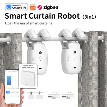 Zigbee Smart Curtain Motor Curtain Opener Super Silent For Curtain Track Compatible with Alexa， For Roman Rod/T/U Track 3in1 (v1.12.4)