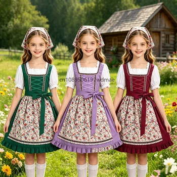 Costume da Festa in Stile Pastorale Bavarese con Grembiule Floreale e Foulard, Abiti per Cosplay da Principessa e Performance sul Palco