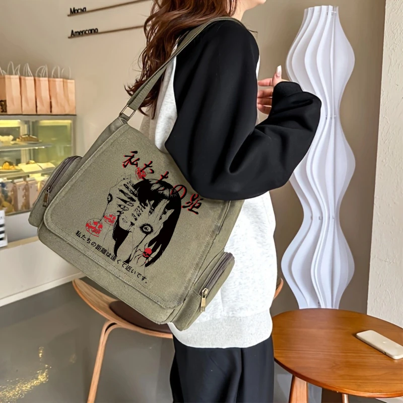 Japanese Style Vintage Women's Shoulder Bag Bag Dark Print Canvas Crossbody Bag For Women Flap Bag Large Capacity Book Bag