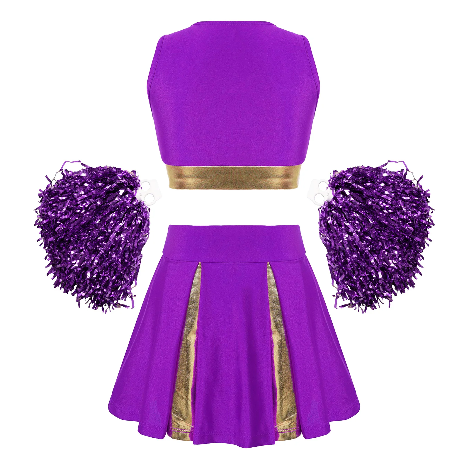 Kids Girls Cheerleader Costume School Girl Cheer Uniform Outfit Sleeveless Crop Top with Pleated Skirt and 2Pcs Flower Balls Set