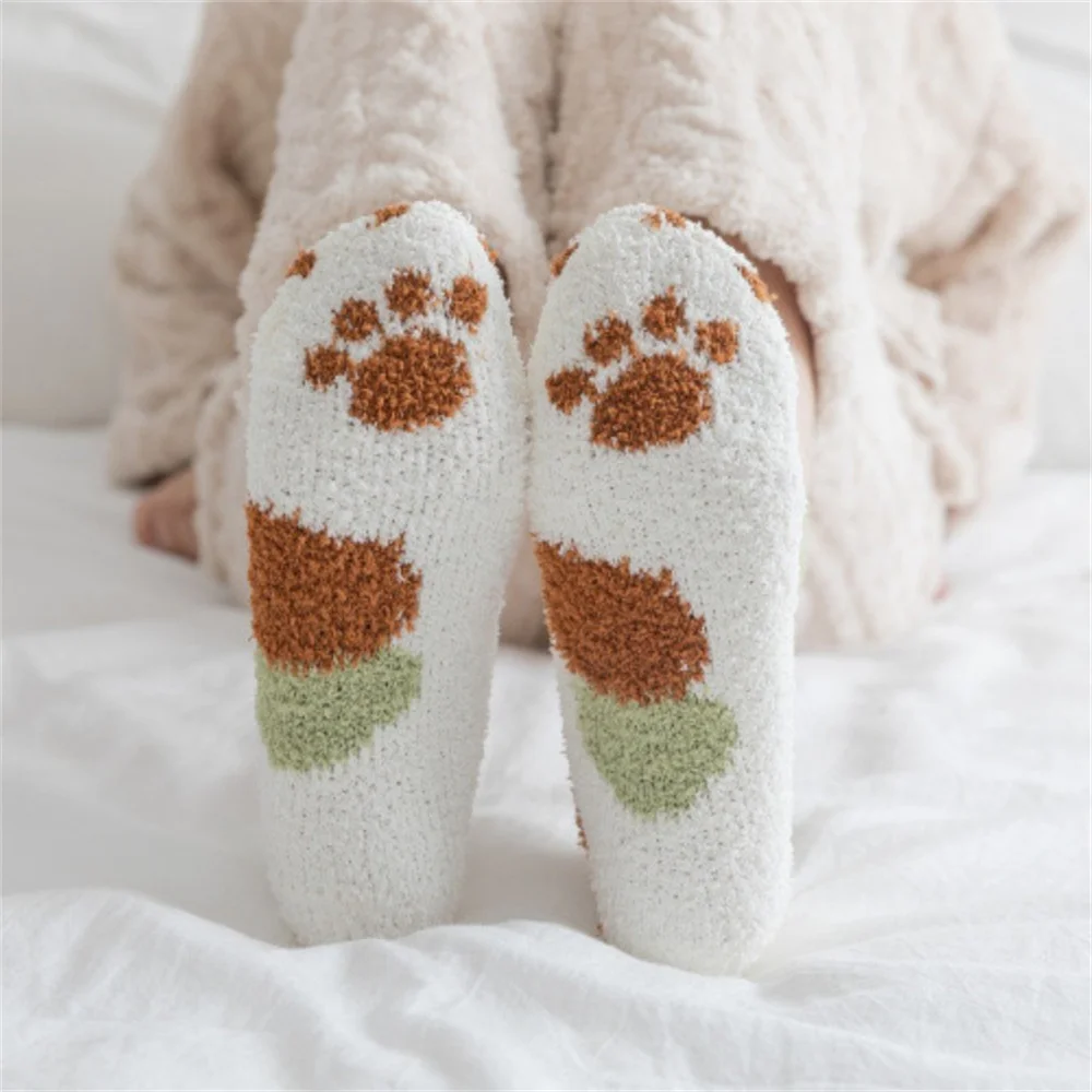 Winter Thicken Coral Fleece Socks Women Cartoon Cat Fluffy Socks