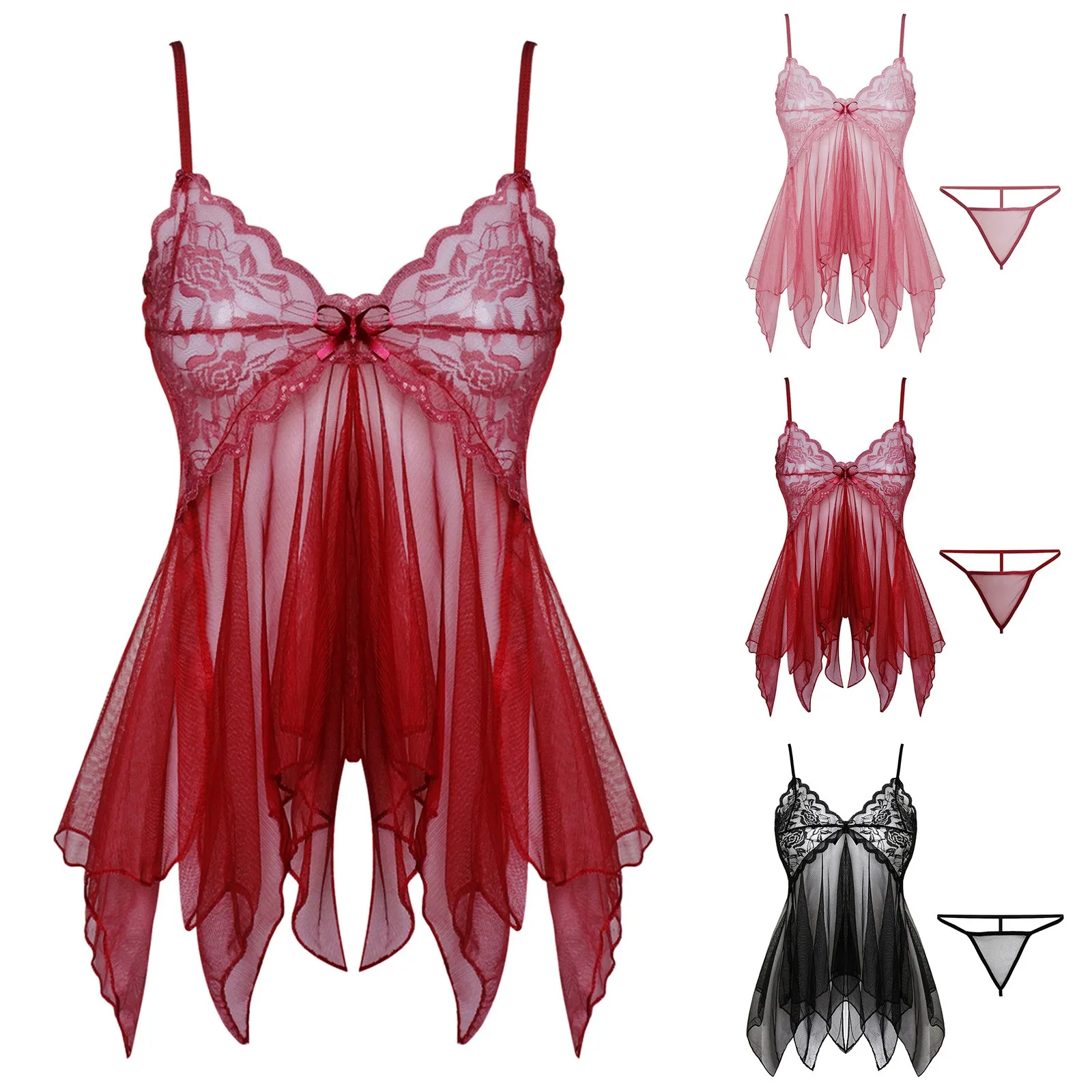 Lencería erótica de malla de hilo para mujer, vestido de noche Sexy con cuello en V y tirantes de encaje, camisones transparentes con Tanga_voghion.com