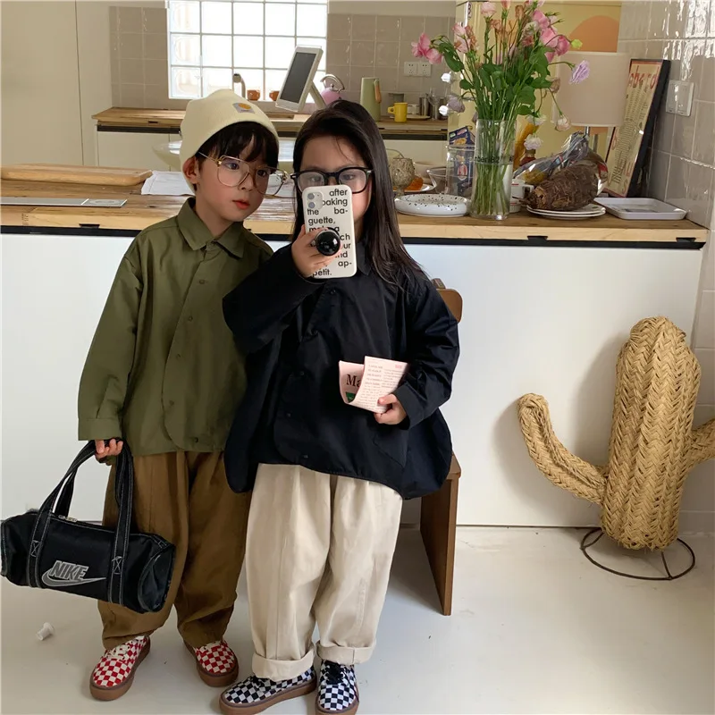 Korean style unique design solid color shirts Unisex Children cotton loose shirt Tops