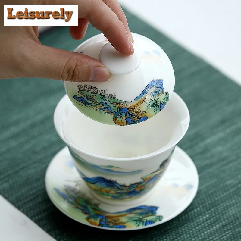 Landscape White Porcelain Cover Bowl Tea Set Complete Set Japanese Tea Ceremony Set Teapot And Tea Cup Set Cha Ornaments Gifts