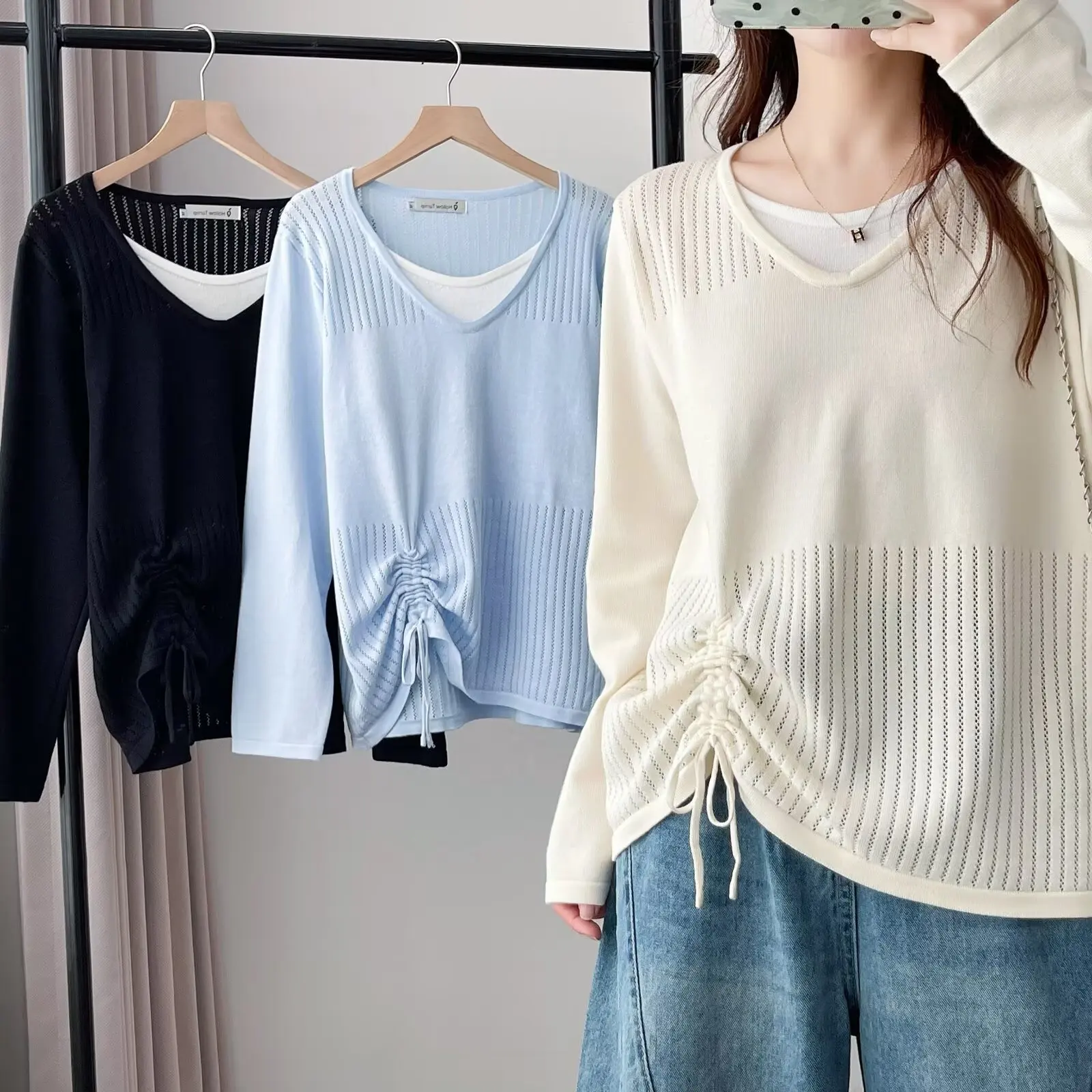 Fashion Plus Size Women's Sweater 2025 Autumn New Style Hollowed Out Pleated Long Sleeved Knitted Fake Two Pieces Jumpers 2573