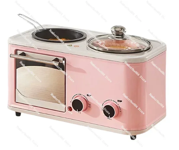 멀티 기능 아침 식사 메이커 머신 (토스터 오븐, 커피포트, 프라이팬, 컵, 파워 타이머, 미니 오븐 포함) 3 in 1 핑크색 전기 220V